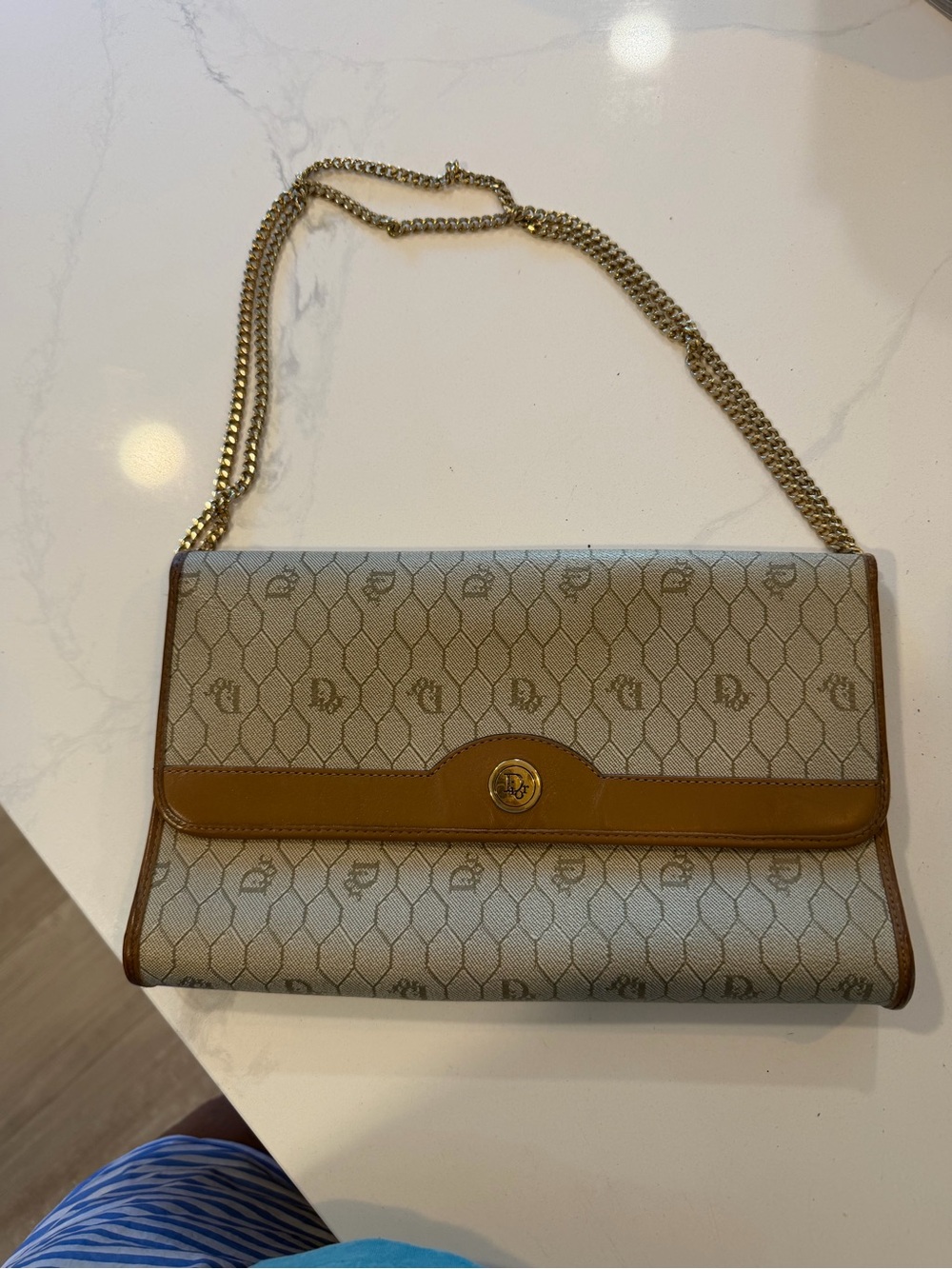 Dior Beige Monogram Shoulder Bag with Tan Trim and Gold Chain